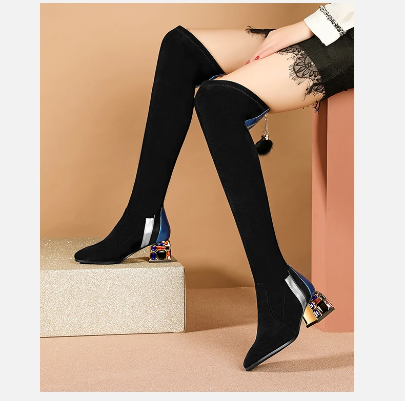 Ботинки женские коровьи замшевые эластичные ботинки женские скрабовые ботинки с квадратной головкой до колена зимние сапоги женские теплые сапоги на высоком каблуке