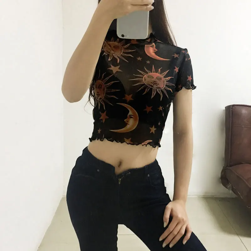 

2020 Tshirt Women Sheer Mesh TurtleNeck Crop Top Angel Mesh Printed See Through Mesh Transparent FishNet T-Shirts