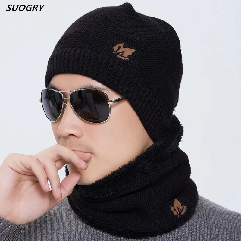 

Winter Beanies Hats Men's Warm Knitted Scarf Sets Outdoor Unisex Maple Leaf Hat Set Male Thickening Plus Velvet Knitted Collar C