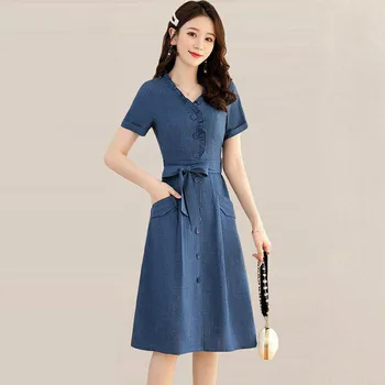 

Summer women's new party women's printed short sleeve dress loose bow o-neck casual French slim dress SS1162
