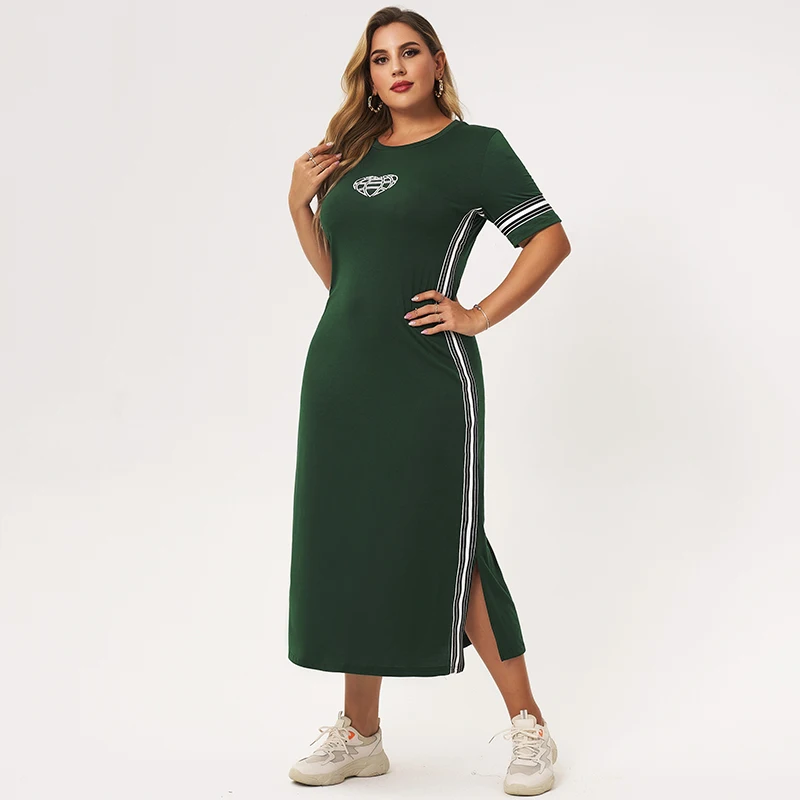 2022 New Summer Dress Women Green Splicing Striped O-neck Short Sleeve Slim Casual College Plus Size Dresses With Heart-Shaped |