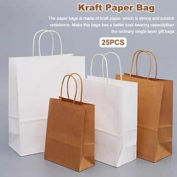 

25pcs Paper Bag With Two Handles Biodegradable Wrapping Supplies Shopping Bag Portable Gifts Strong Scratch Resistance