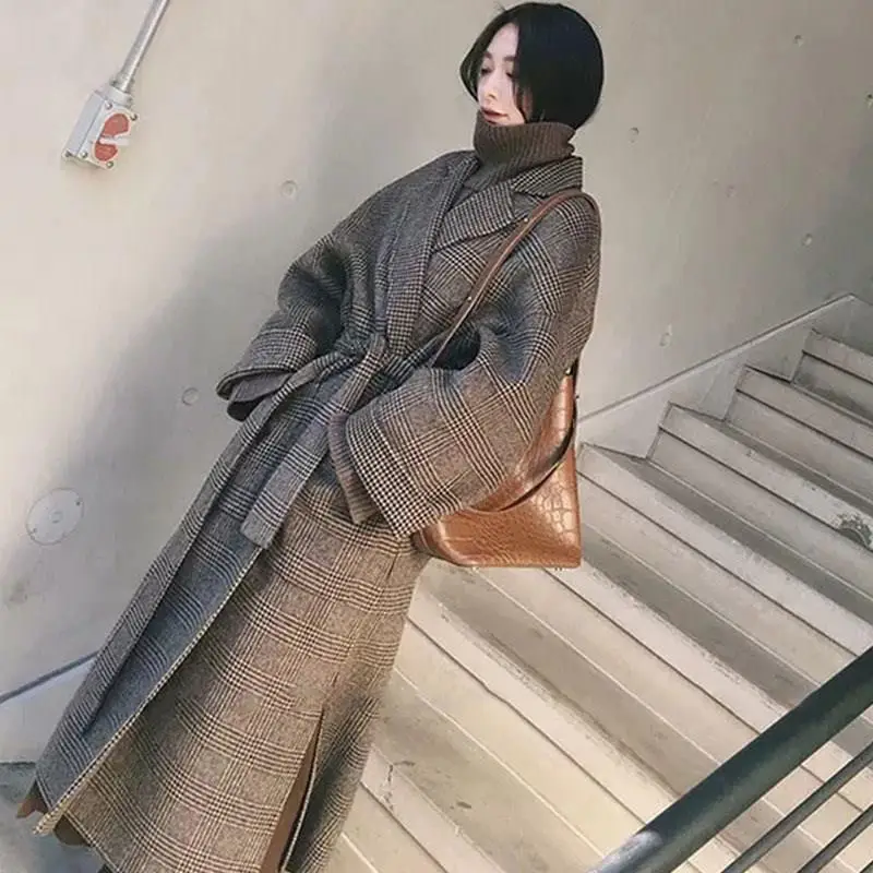 

Women Elegant Winter Long Woolen Coat Turn-Down Collar Cardiga Brown Plaid Jacket Plus Size Oversize Overcoat