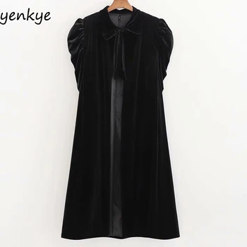 

Fashion Women Vintage Black Velvet Cape Coat Front Tie High Neck Short Sleeve Plus Size Winter Outerwear XDWM2739