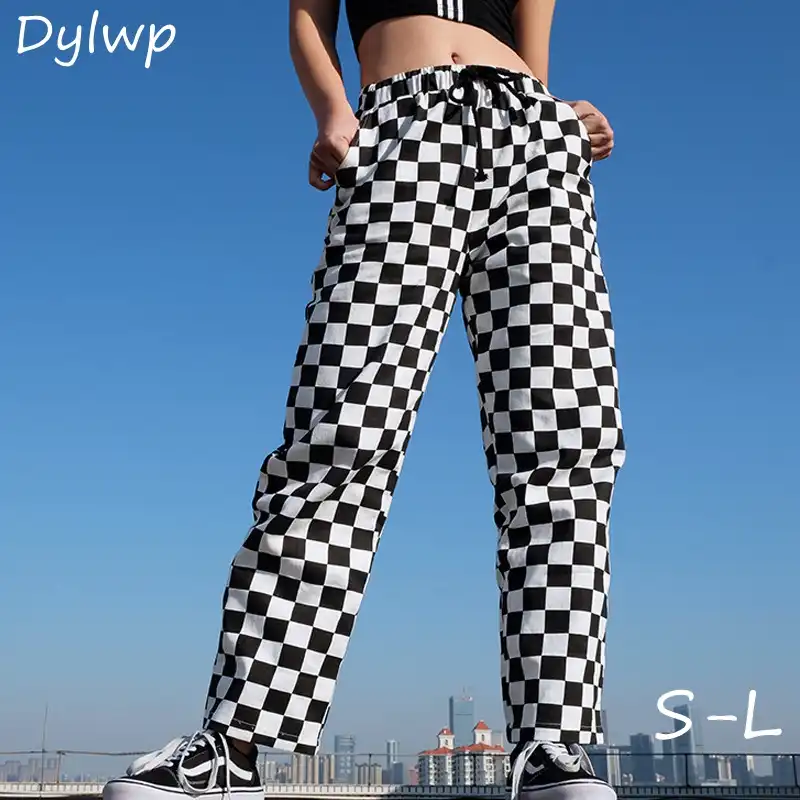 blue and white checkered pants