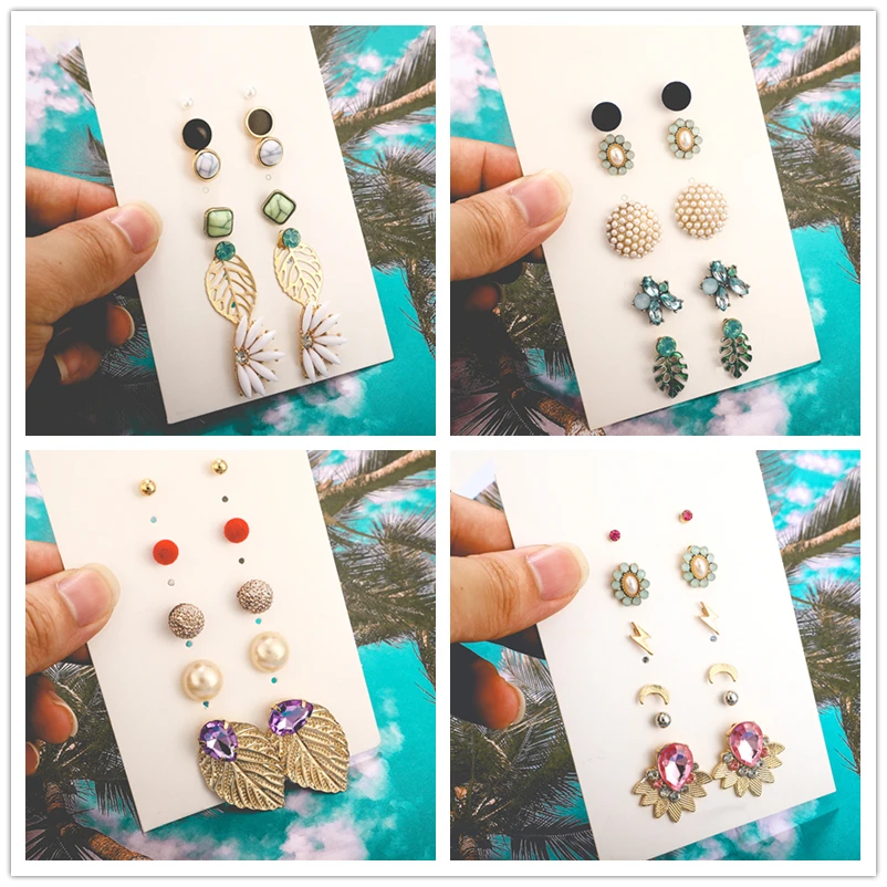 

docona Colorful Crystal Rhinestone Pearl Leaf Boho Earrings for Women Girl Piercing Stud Earring Set Brincos Jewelry Oorbellen