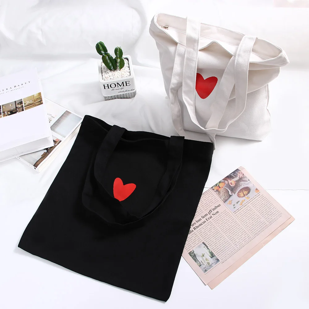 

1PC Shopping Bags Simple Women Girl Canvas Love Heart Printed Shoulder Bag Reusable School Handbag Fashion Durable Tote