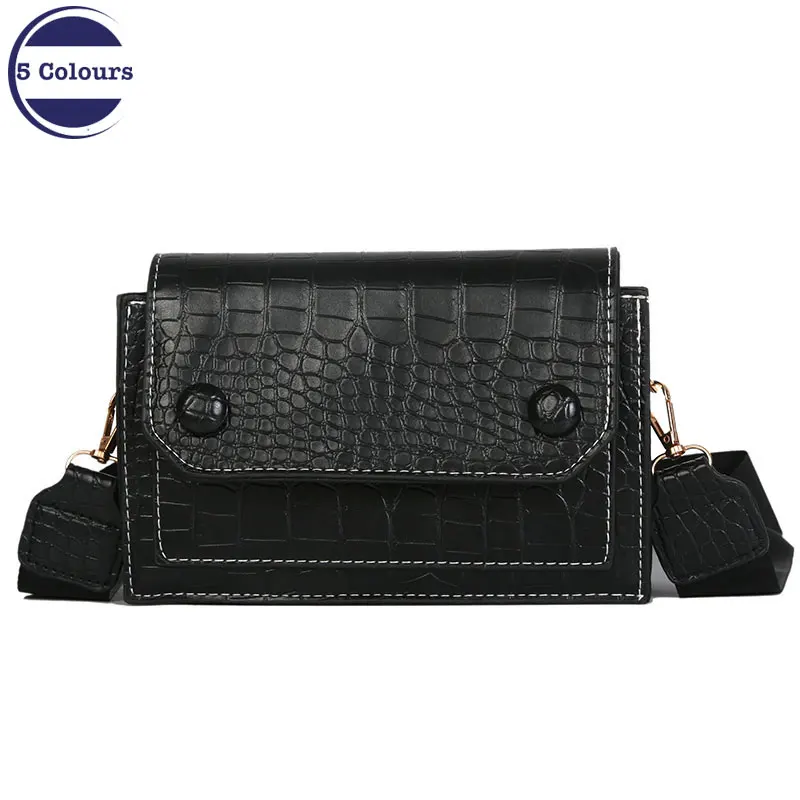 

Retro Small Women Bag Texture Crocodile Pattern Shoulder Small Square Bag 2018 Winter New Wide Shoulder Strap Crossbody Bag