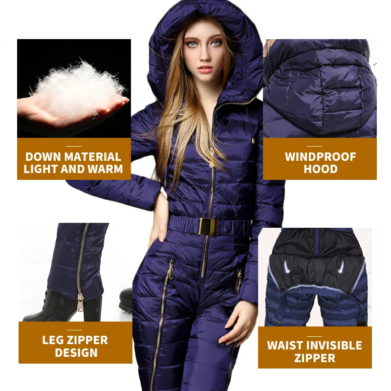 Duck Down One Piece Ski Suit Women Snow Overalls Mountain Skiing Jumsuit Super Warm Winter Ski Jacket Pants Breathable Snow Set