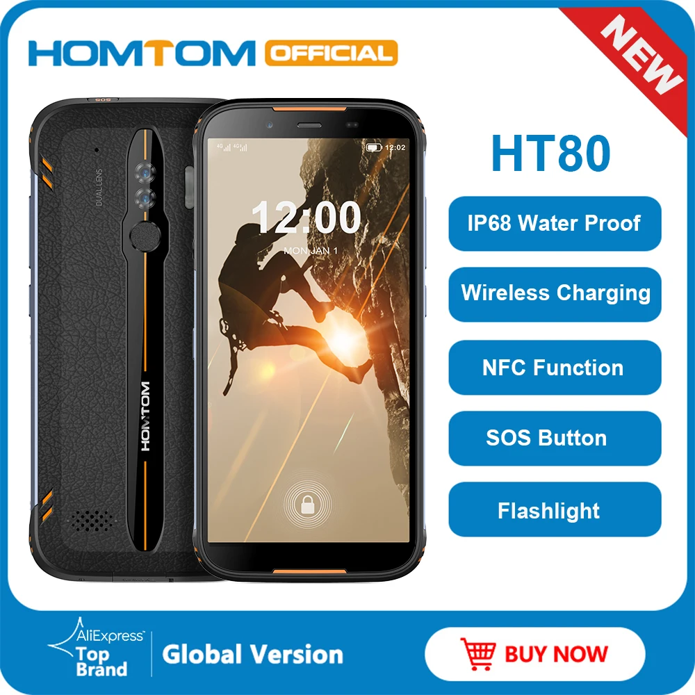  HOMTOM HT80 IP68 Waterproof Smartphone 4G LTE Android 10 5.5inch 18:9 HD+ MT6737 Quad Core NFC Wire