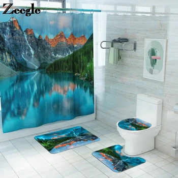 

Landscape Printing Bath Mat and Shower Curtain 4-piece Set Bathroom Carpet Non-slip Flannel Toilet Seat Cushion Floor Mat Set
