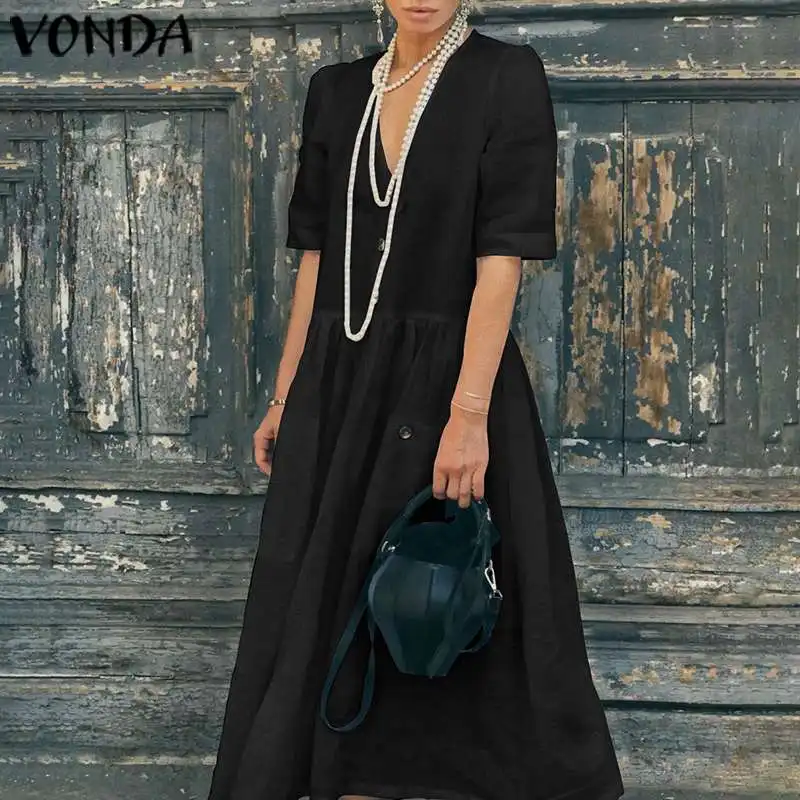 VONDA Half Sleeve Deep V Neck Maternity Dress Solid Color Autumn Dresses Button Up Holiday Bohemian Vestidos Maxi Pregnancy Robe