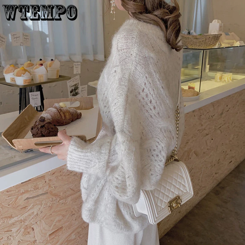 Pink Hollow Pullover Sweater Women\'s Spring Outer Wear Loose Loose Lazy Style Sweet Thin Knit Sweater Autumn