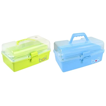 

2x Three-Tier Medicine Box for First Aid Kit Plastic Folding Chest Organizer Big Blue & Green