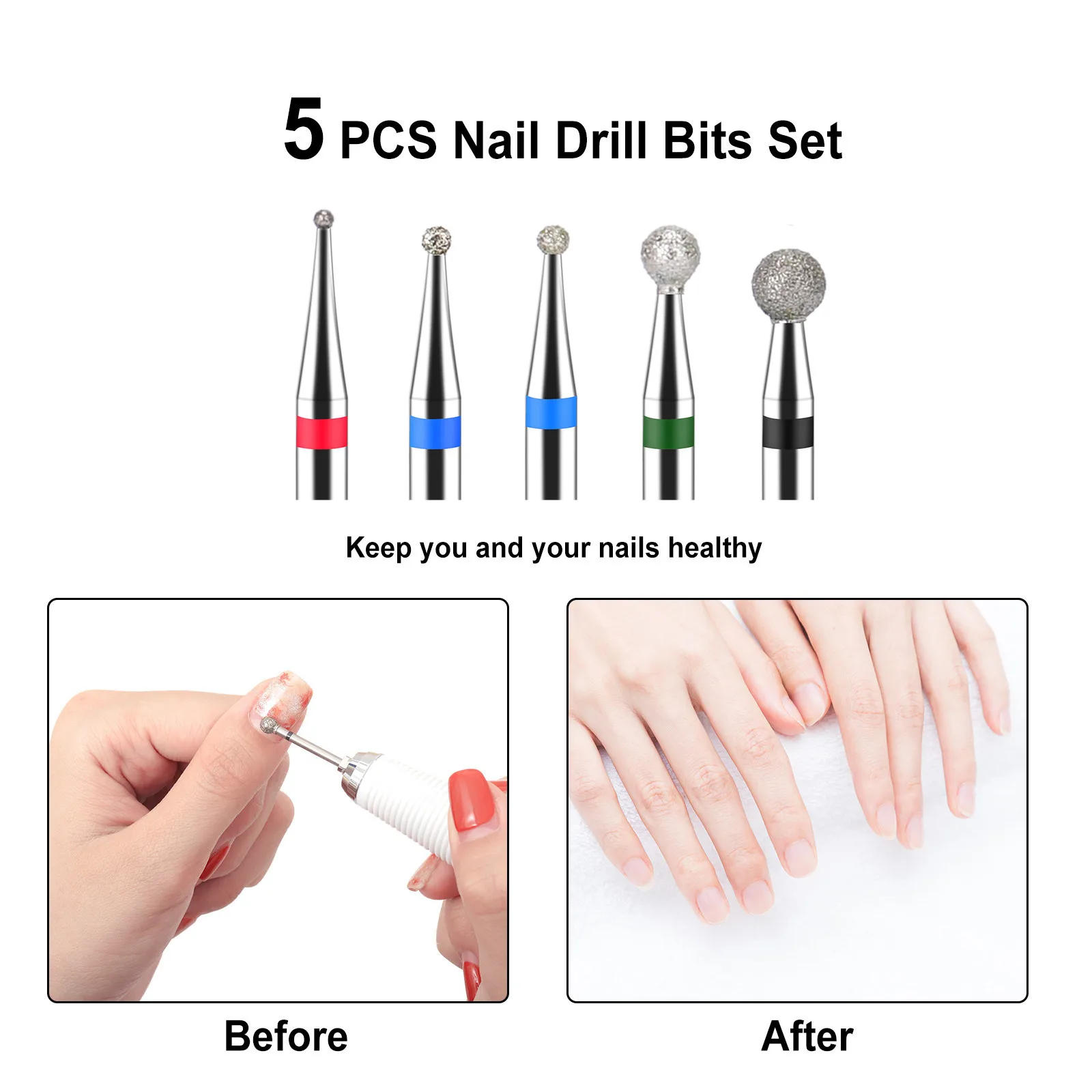 BNG 5PCS Cuticle Cleaner Bits Diamond Nail File Drill Ball Head Rotary Burr Set 3/32" Drill Bit for DIY Nail Art Salon Manicure 3