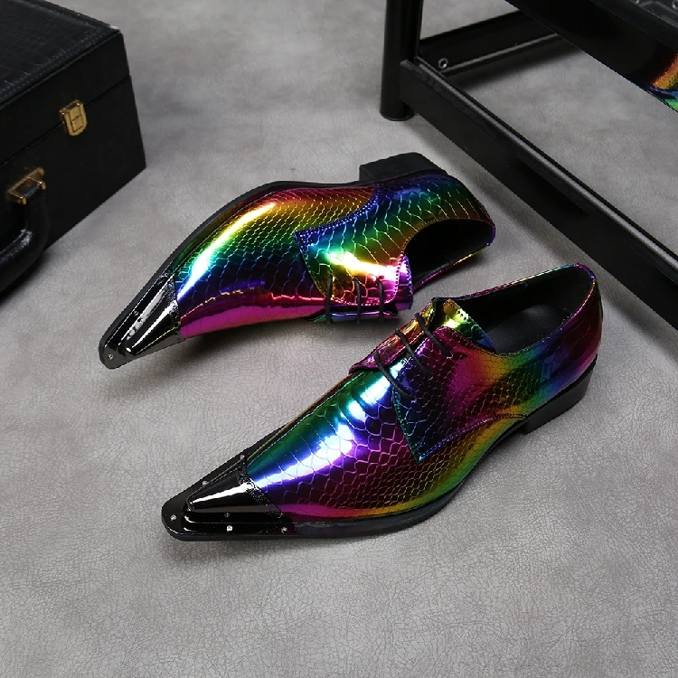 Men Formal Shoes Men Oxford Rainbow Dress Shoes Fashion Business Men Shoes Metal Pointed Toe Wedding Shoes 4