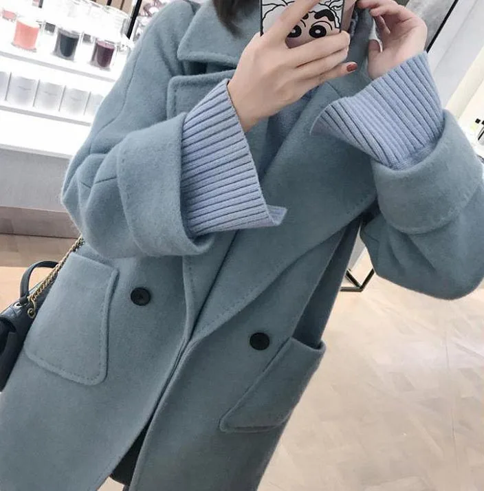 blue-gray Женская элегантная Зимняя шерстяная куртка красного коричневого цвета, длинное двубортное шерстяное пальто размера плюс, Manteau Femme Hiver - Цвет: blue-gray