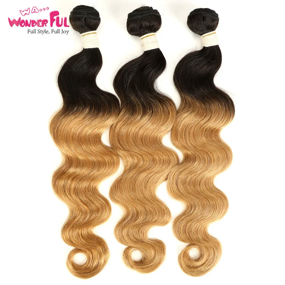 WA...WONDERFUL Body Wave 10-30 Inch M Remy Brazilian 100% Human Hair 1B/27# 1B/99J# 1B/30# Ombre Extensions 3 Bundles Deal | Шиньоны и