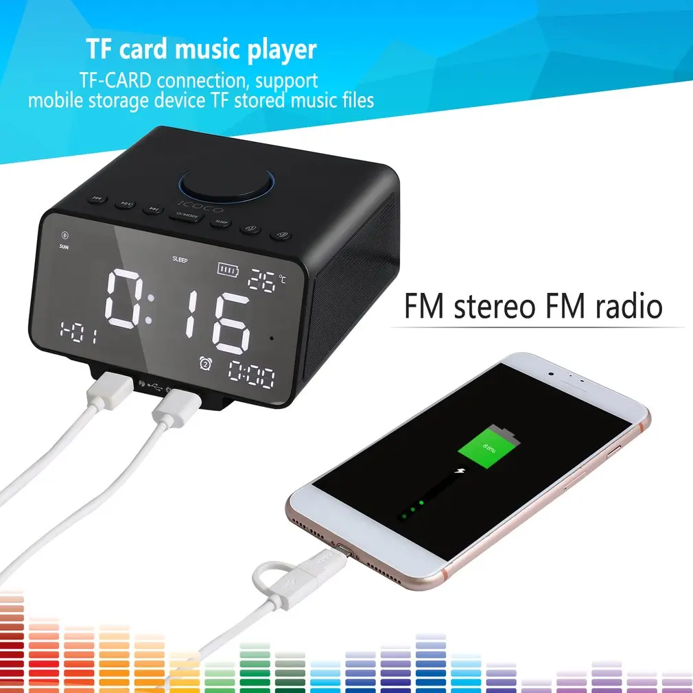 ICOCO цифровой будильник динамик с fm-радио USB зарядное устройство светодиодный дисплей внутренняя температура/день/Дата дисплей, Nap/спящий таймер