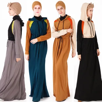 

Dubai Arab Hooded Tracksuit Muslim Long Dress Women Splice Sports Jogging Maxi Dress Walk Wear Elastic Waist Islamic Clothing