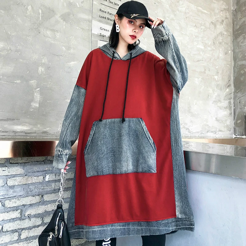 Max LuLu, осенняя мода, Корейская женская одежда в стиле панк, женские джинсовые длинные толстовки с капюшоном, винтажные Лоскутные свитшоты размера плюс