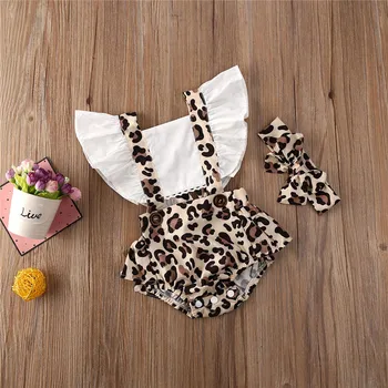 

Newborn Baby Girls Clothes Leopard print backless Ruffle square collar Bodysuit bow Geometry Headband 2pc Outfits
