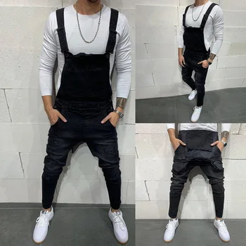

Fashion Men's Ripped Jeans Jumpsuits Hi Street Distressed Denim Bib Overalls For Man Suspender Pants Solid Color Overalls