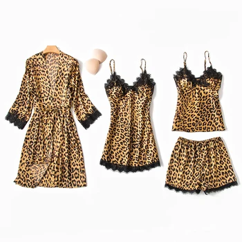 

4PCS Pajamas Set Silky Womens Sleep Wear Pijama Sexy Lace Kimono Robe Gown Suit Sleepwear Strap Top Pants Home Clothing Negligee