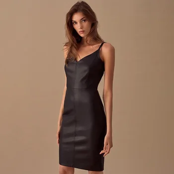 

Women Sexy Sheath Spaghetti Strap Party Dress Sleeveless v Neck Elegant New Fashion 2019 Solid Knee Length Vintage Vestidos