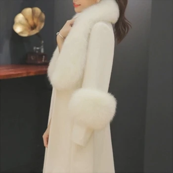 

Women Fashion Slim 2020 White Cashmere Coat Fake Fox Fur Collars Wool Jacket Plus Size Long Trench Coat Winter Female Overcoats