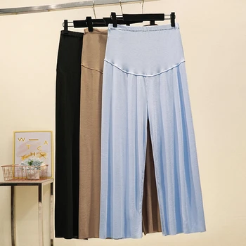 

Maternity wide-leg pants spring and summer thin section ice silk vertical grain thread solid color pregnant women's cropped pant