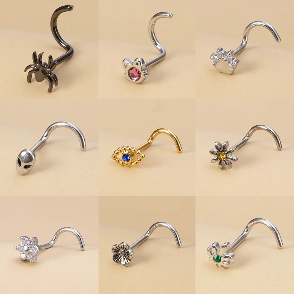 

1PC 20G Surgical Steel Nose Stud Rings for Women Girl Eye Cat Flower Alien Paw Spider Screw Bend Nose Piercing Jewelry Punk Gift