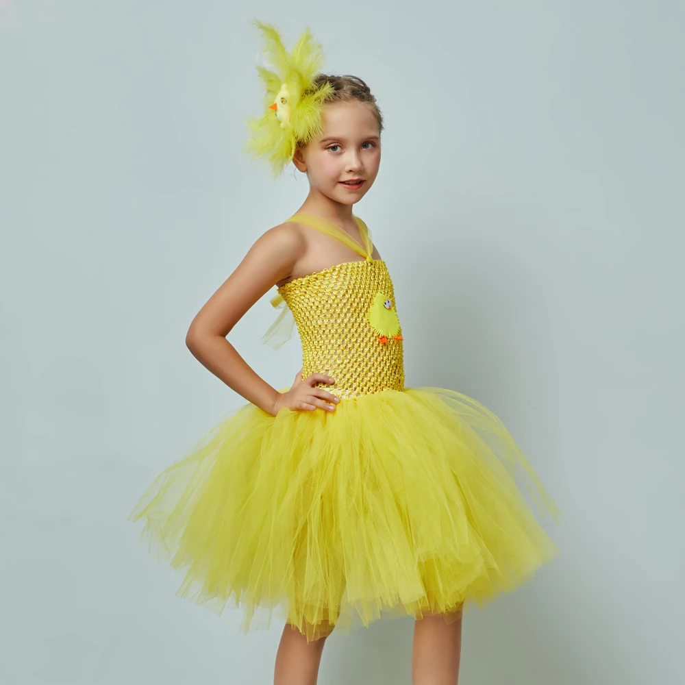 Yellow Chicken Girls Tutu Dress Kids Farm Animal Party Halloween Costume Feather Boas Children Cake Smash Photo Tulle Dress (6)