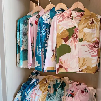 

2 Pcs Woman Pajama Set Flower Cotton Sleepwear Cardigan Buttons Pocket Pyjamas Comfortable and Breathable Homewear Pijama Mujer