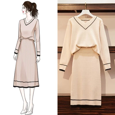 

Knit Striped Casual V-Neck Jumper Sweaters Tops+Elastic High Waist Knitted Skirts Women Fashion Autumn Winter High Street Sets