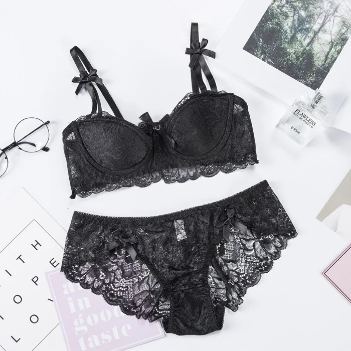 Fashion Sexy Bra Sets Plus Size C D Cup Thin Cotton Underwear Women Set Lace Comfortable Brassiere Gray Bras Embroidery Lingerie - Цвет: Черный