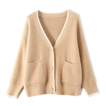 

Lazy wind V-neck cardigan sweater coat women's candy color net red knitted cardigan westernized two pocket top