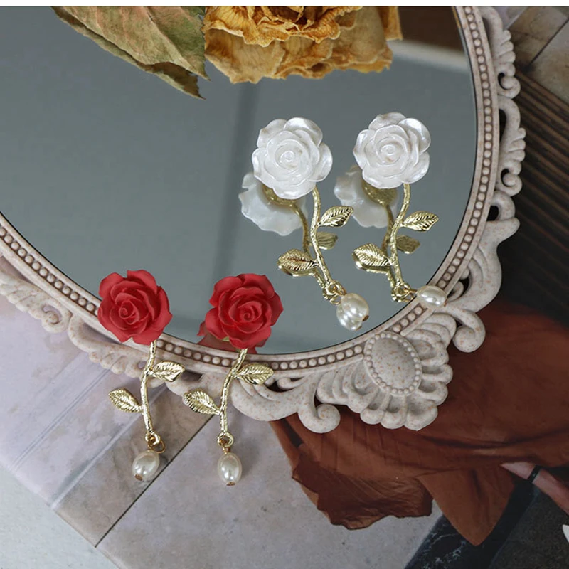 Модные Винтажные серьги с красно белыми розами женские массивные 2020 корейские