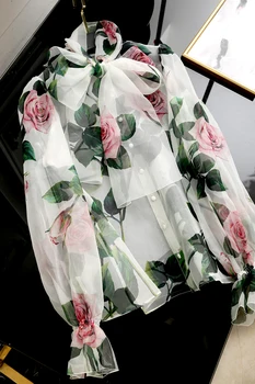 

High-end European real silk European root yarn ribbon rose shirt mulberry silk Western style bowknot small shirt women's top