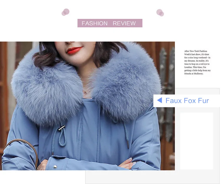 Новые женские парки пальто зима модная куртка средней длины с воротником из искусственного лисьего меха Утепленная подкладка из кроличьего меха верхняя одежда