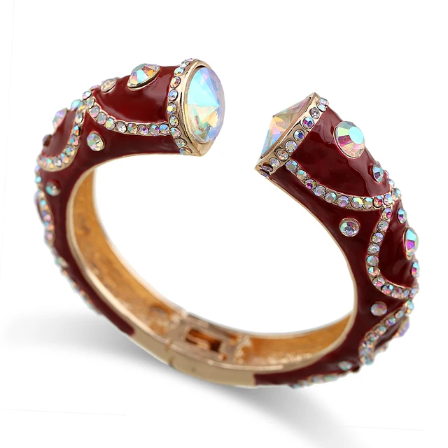 All Seasons Women's Enamel Color Statement Fashion Bangle Cuff Bracelet Gold Plated Inlaid AB Rhinestons Cuff Bangle Deep Red