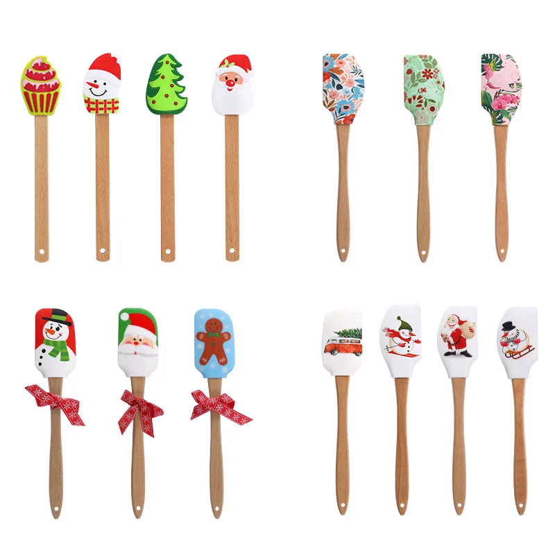 Silicone Spatula Cake Decorating Tools Cream Spatula Silicone Scraper Cake Scraper Cake Spatula Kitchen Spatula Silicone Cookware Cake Cream Silicone Spatula Christmas Themed Wooden Handle Pastry Batter Mixing Scraper Baking Decorating Tools Kitchen Utensils