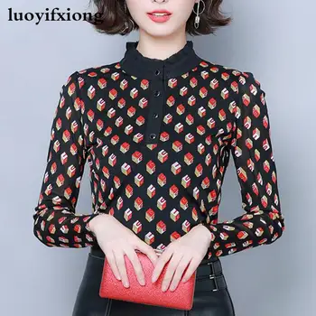 

Fashion Print Womens Tops and Blouses Long Sleeve Stand Collar Elasticity Slim Lace Blouse Women Shirts Plus Size Women Blouses