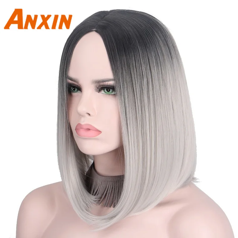 Descuento Anxin-peluca gris corta con pelo plateado para mujer, peluca Cosplay con degradado, sin flequillo, longitud media del hombro, cabello No humano eKoEmadE