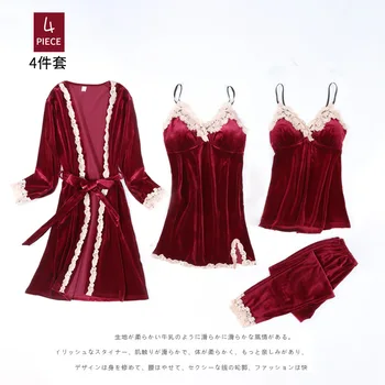 

Autumn Winter Warm Pajamas Set Women Sleep Set Deep Gold Velvet 4pcs Set Homewear Pijama Women Pajama Sets Long Pant Robe Women