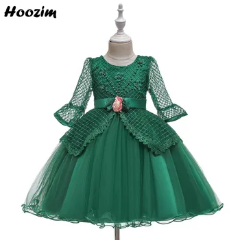 

Emerald Green Flare Long Sleeve Ruffle Evening And Wedding Dresses Girls 4-12 Years Palace Princess Gala And Prom Dress Children