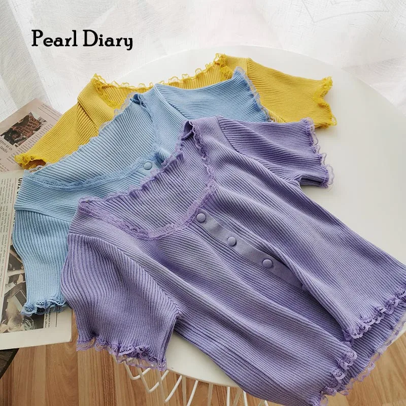 

Женская трикотажная рубашка Pearl Diary, летняя, однотонная, с коротким рукавом, на пуговицах