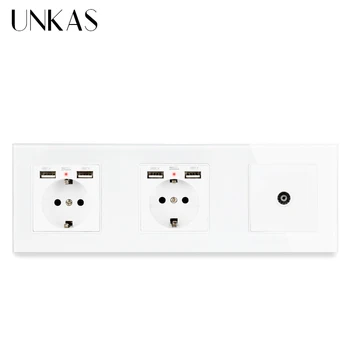 

UNKAS Crystal Tempered Glass Double EU Standard Socket with 4 USB Charging Port 1 Gang Female TV Connector Television Port