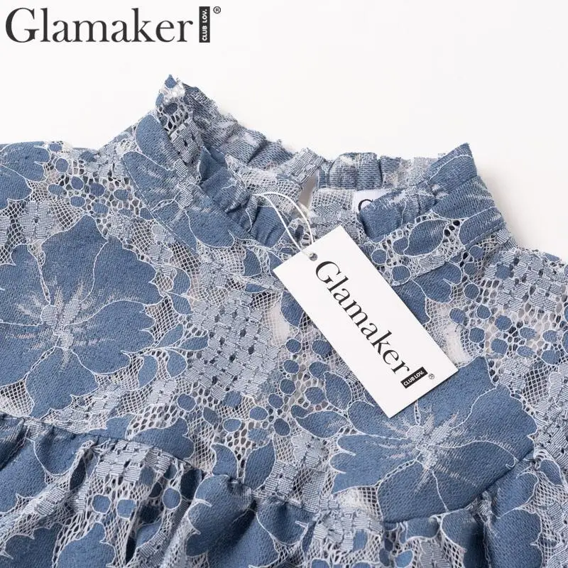 Glamaker, кружевная короткая блузка с цветочным принтом, женская элегантная блузка со стоячим воротником и длинным рукавом-фонариком, Женская Сексуальная Блузка на осень и зиму