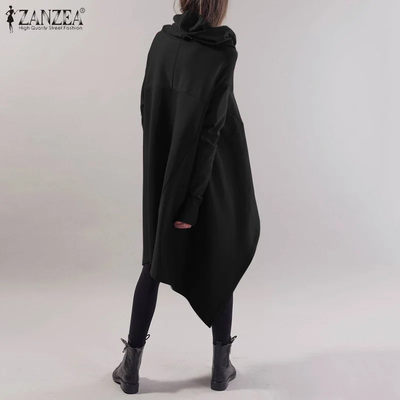 ZANZEA размера плюс, женские толстовки с капюшоном, женские ассиметричные толстовки с длинным рукавом, женские повседневные Пуловеры на молнии